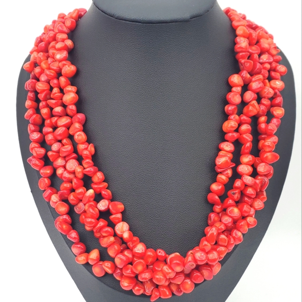 925 Sterling Silver HEAVY 4 Strands Of Natural Coral 20in.W/ 2in. Ext. Necklace